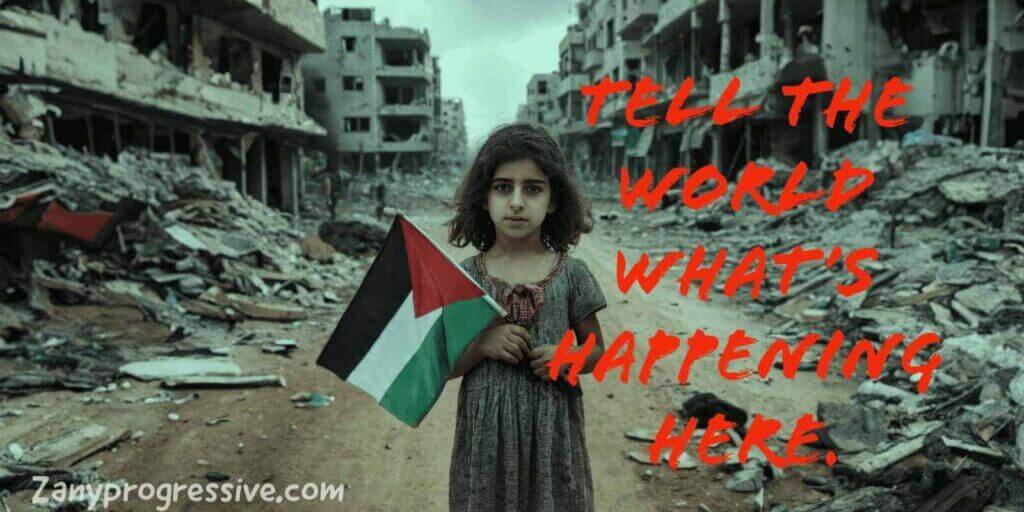 14202ad8 51cd 4a3e 8226 5cb9d4358903 Greta thunberg yacht. A palestinian girl standing amidst rubble holding the palestinian flag