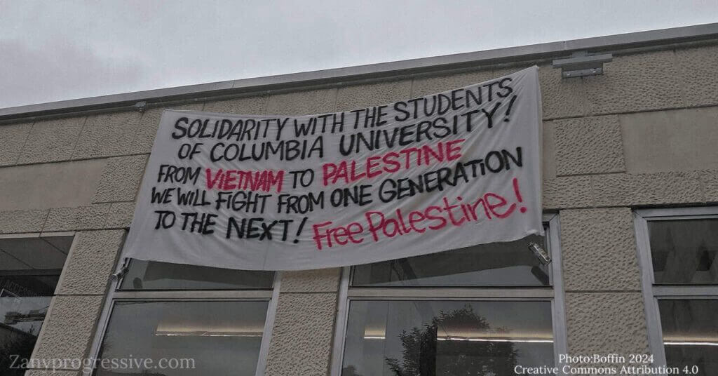 Progressive politics. A banner at a college campus protest