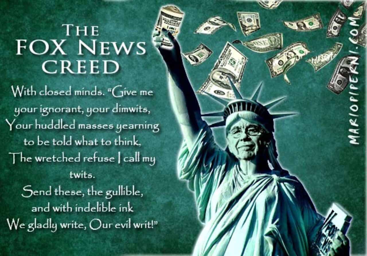 Statue of liberty with rupert murdoch’s face and the fox news creed. Illegal for politicians to lie