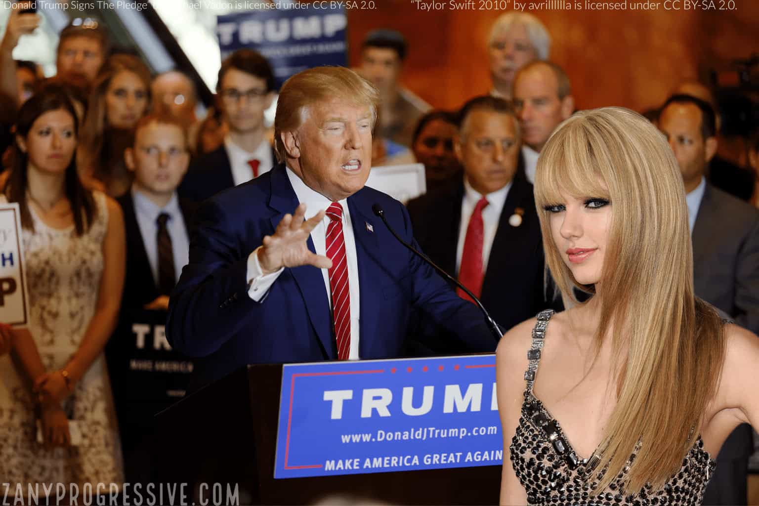 Donald trump speaking at a podium making a grabbing gesture with taylor swift in the foreground