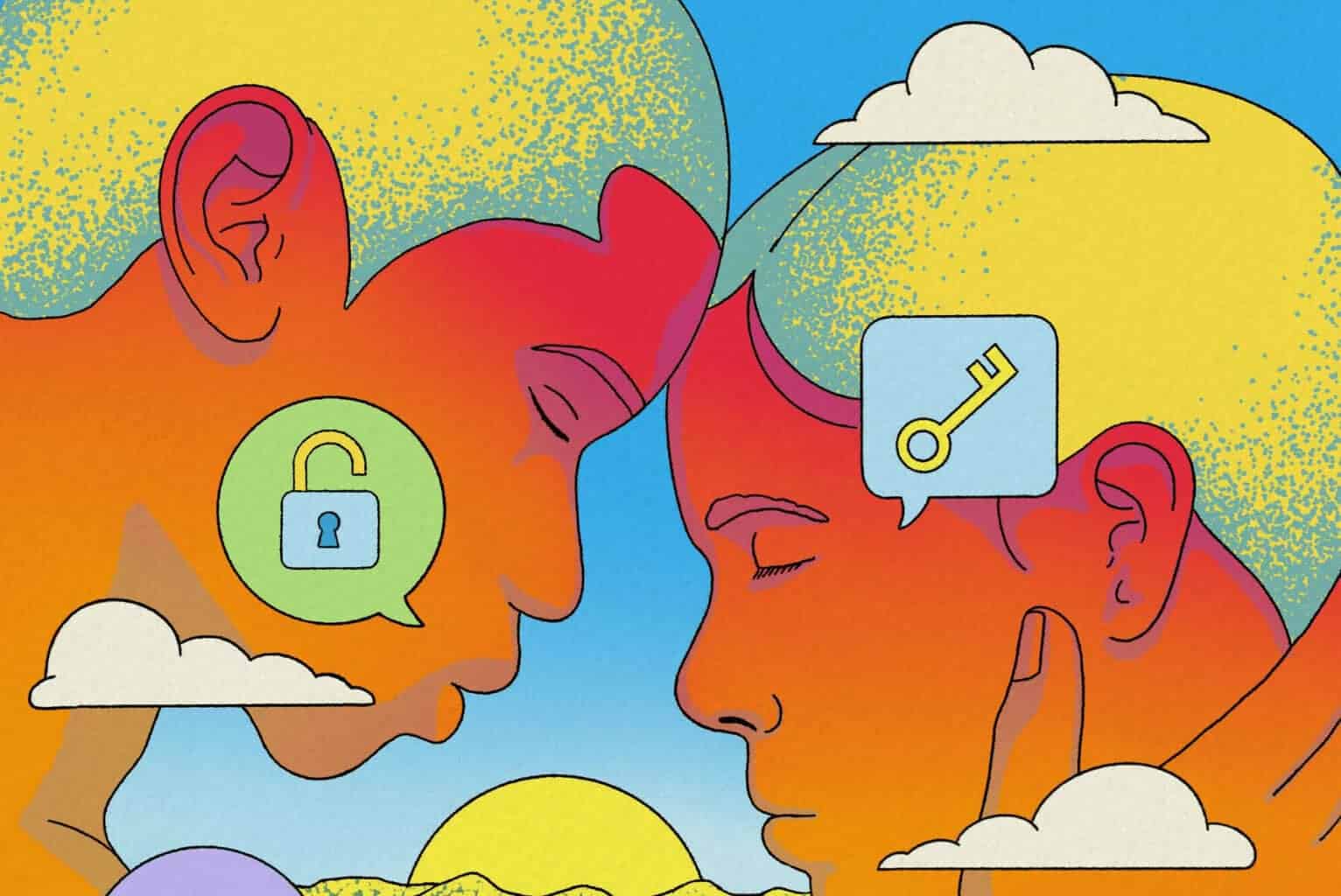 img 5477 Supercommunicators illustration of two people with foreheads touching. One person has a padlock icon and the other a key.