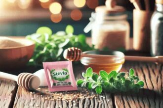 Stevia packet among green leafy vegetables and a bowl of honey. Why was stevia banned in europe