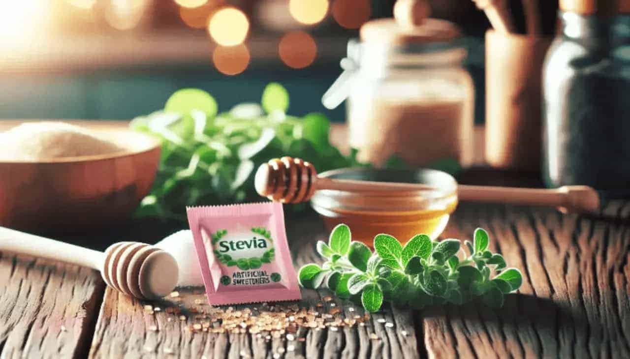 img 5519 Stevia packet among green leafy vegetables and a bowl of honey