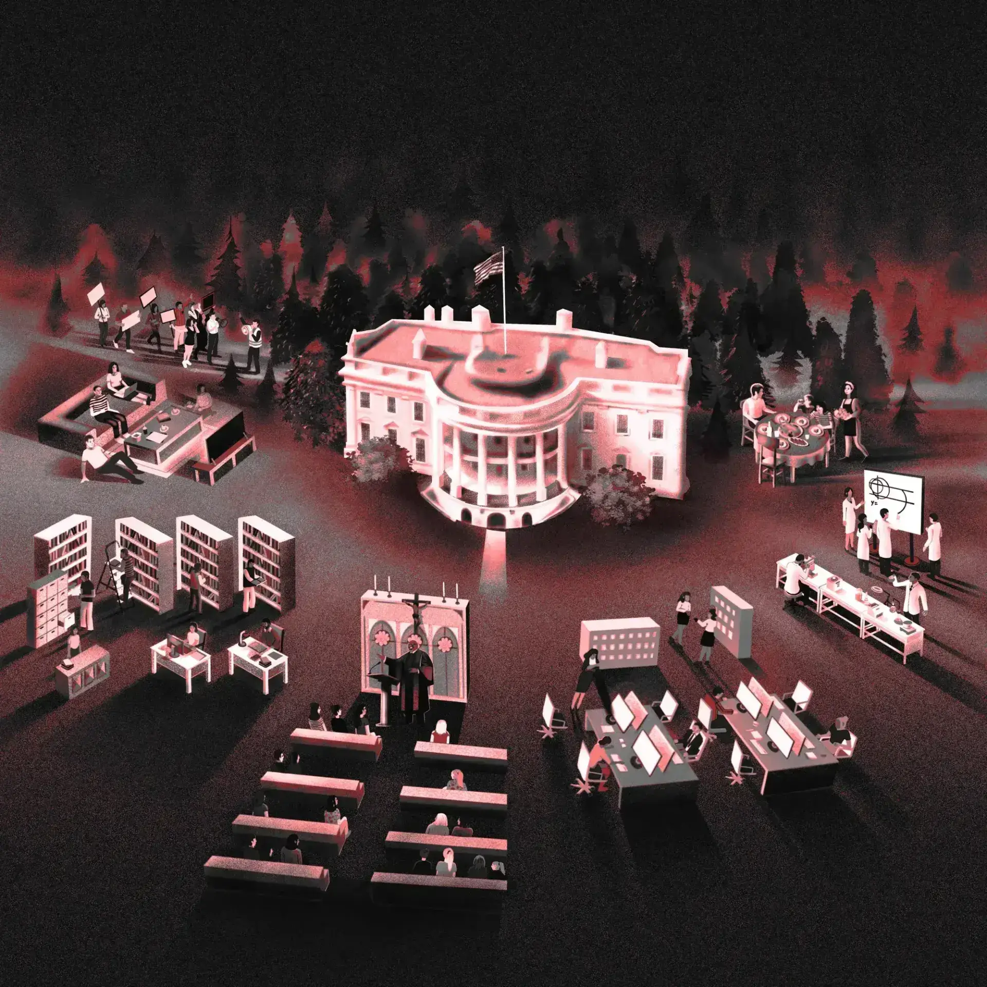 Image of white house surrounded by mini preachers