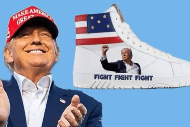 Donald trump smiling and clapping next to the assassination attempt sneakers