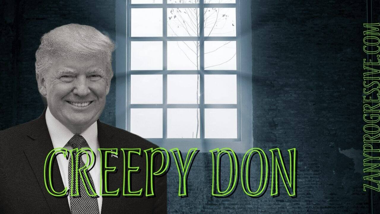 Illustration of a black and white haunted house background and black and white photo of donald trump that says creepy don in green