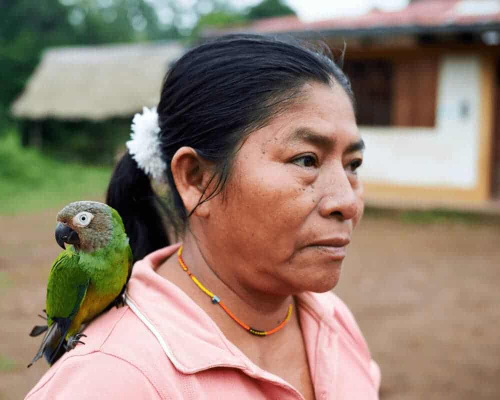 img 6134 Planting trees to save the peruvian rainforest. A woman with a parrot on her shoulder