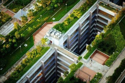 Beautiful city with green gardens on the rooftops