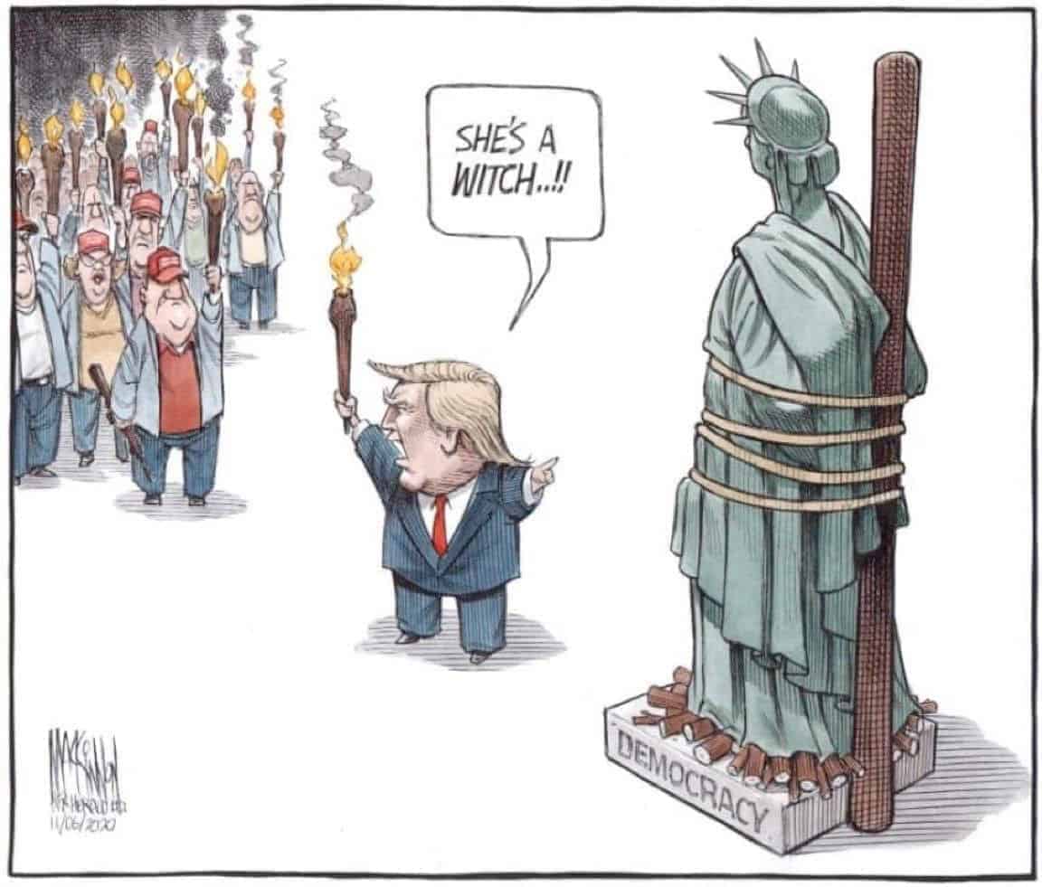 Political cartoon depicting trump and his supporters about to burn the statue of liberty at the stake for being a witch.