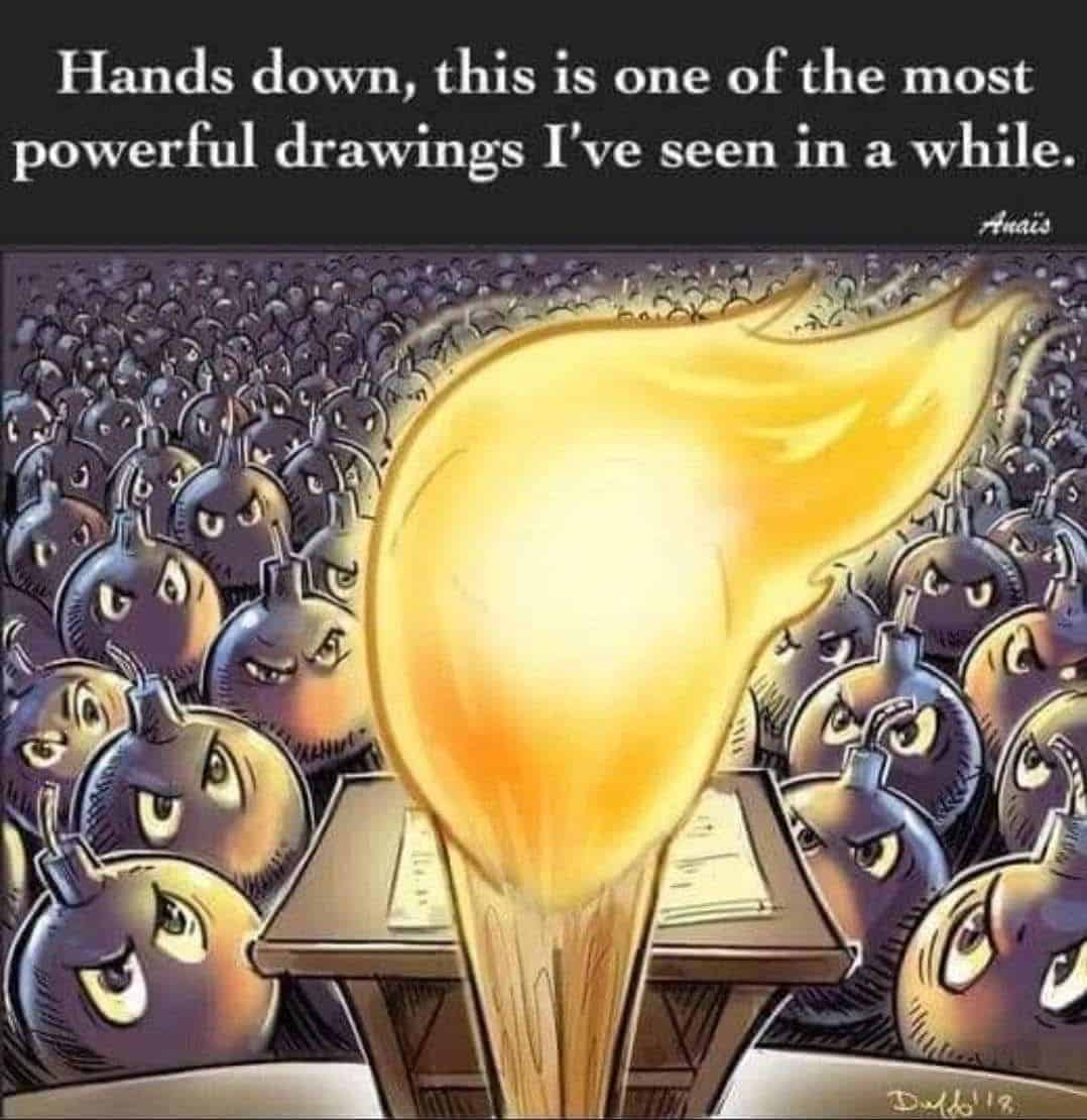 img 6463 Cartoon view of the back of trump as a match stick on fire at a podium in front of a crowd of bombs with wicks. Hate speech and free speech