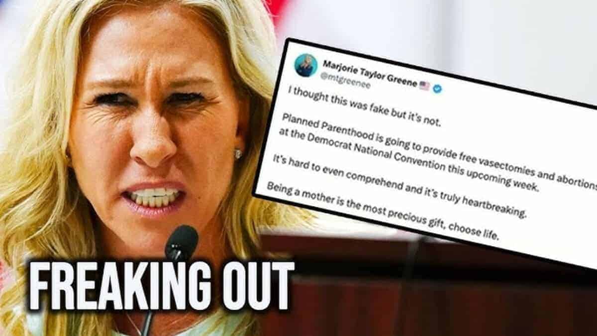 Marjorie taylor greene next to her tweet freaking out over free healthcare