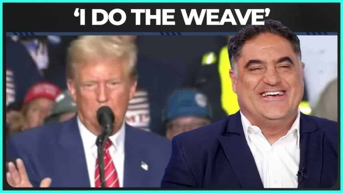 Donald trump speaking at a rally and cenk uyger laughing at him.