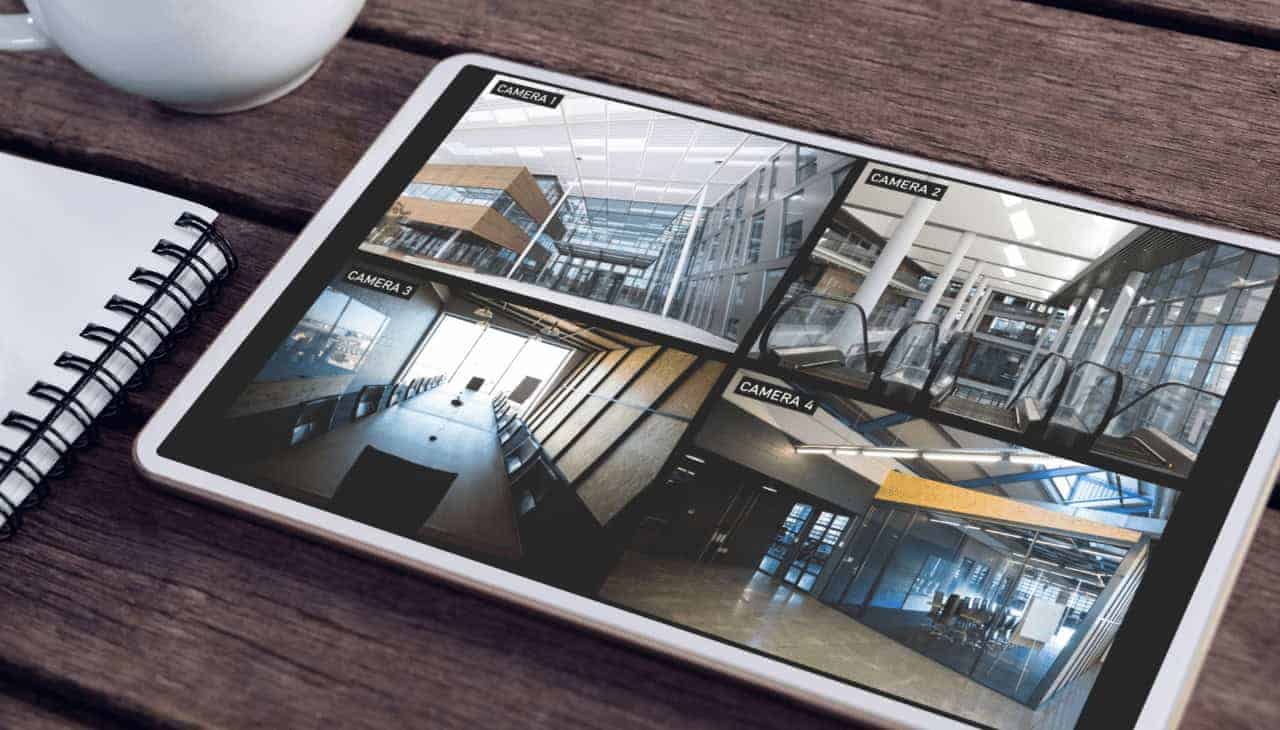 Tablet with 4 surveillance feeds playing