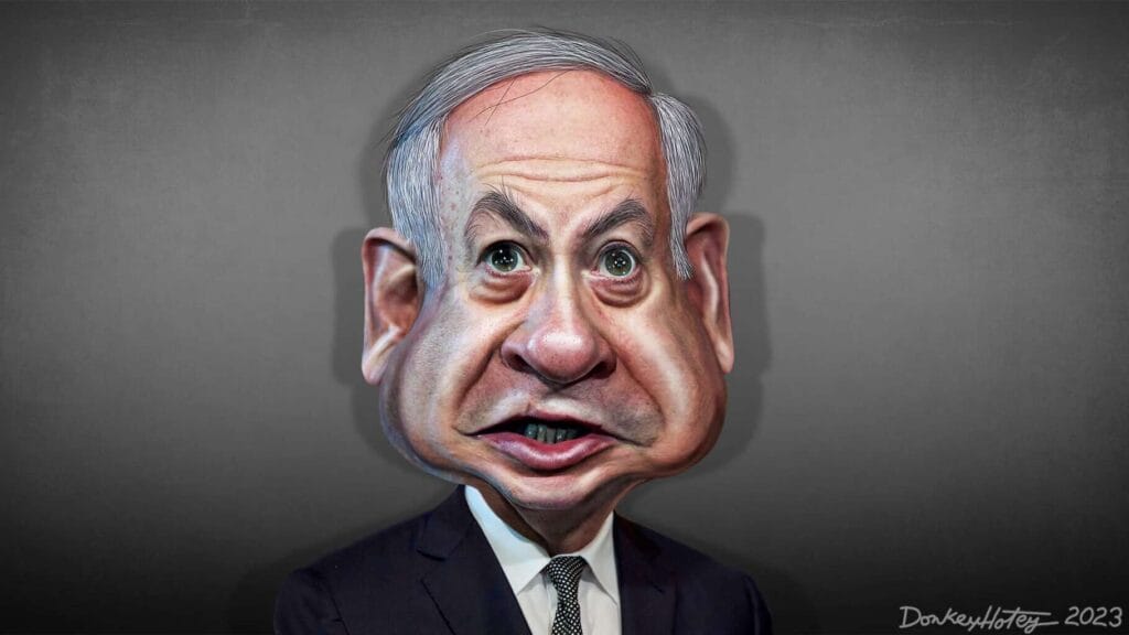Caricature of benjamin netanyahu as he commits israel to permanent war.