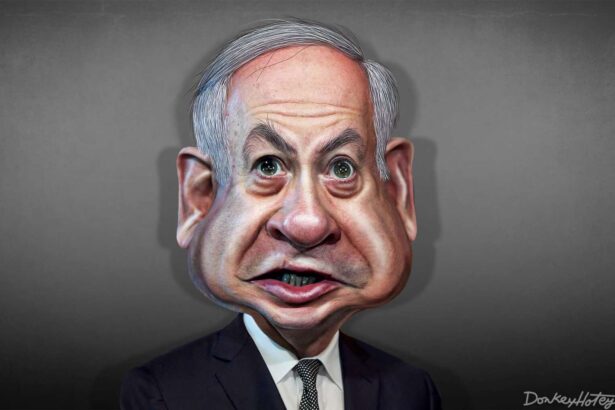 Caricature of benjamin netanyahu as he commits israel to permanent war.
