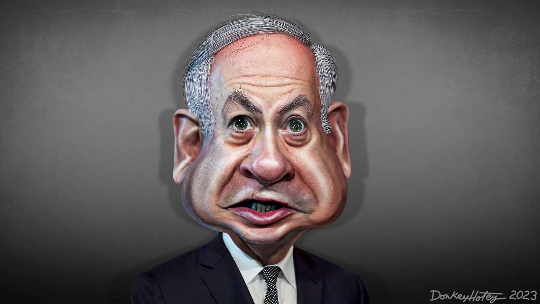 Caricature of benjamin netanyahu as he commits israel to permanent war.