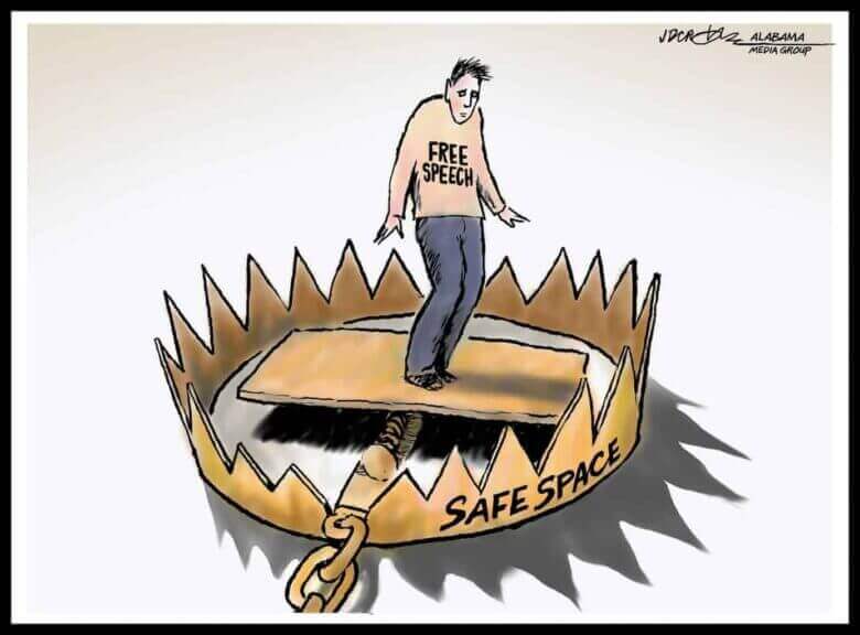 m4imoyz26kgl 11 17safespacetrapjpg 555ba886a740a6e1 Political cartoon of a person standing in the center of a bear trap with safe space on the side