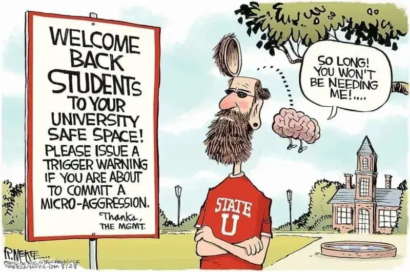 safe space welcome sign Political cartoon about colleges being safe spaces