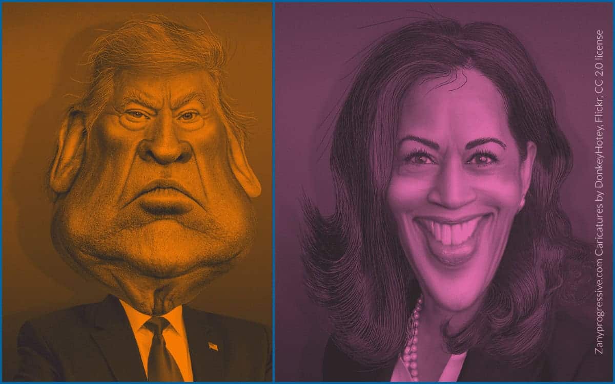 Caricatures of donald trump and kamala harris with orange tint on trump and pink tint on harris