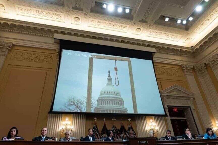 img 7627 Projector at the january 6th hearings showing the gallows that was erected outside the capitol that day
