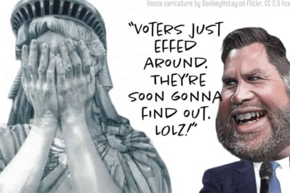 Statue of liberty with her face in her hands, crying. Jd vance idps laughing at her