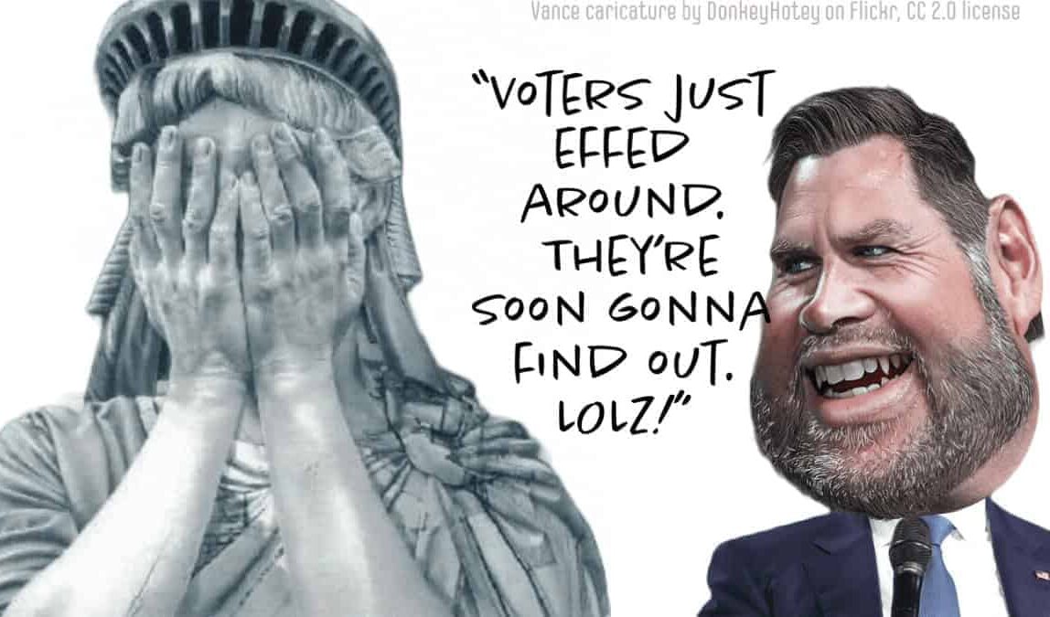 Statue of liberty with her face in her hands, crying. Jd vance idps laughing at her