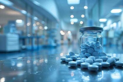 Pill bottle with pills around it on a stainless steel exam table