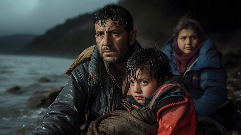 immigrant family on a boat at sea