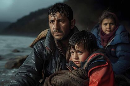 Immigrant family on a boat at sea