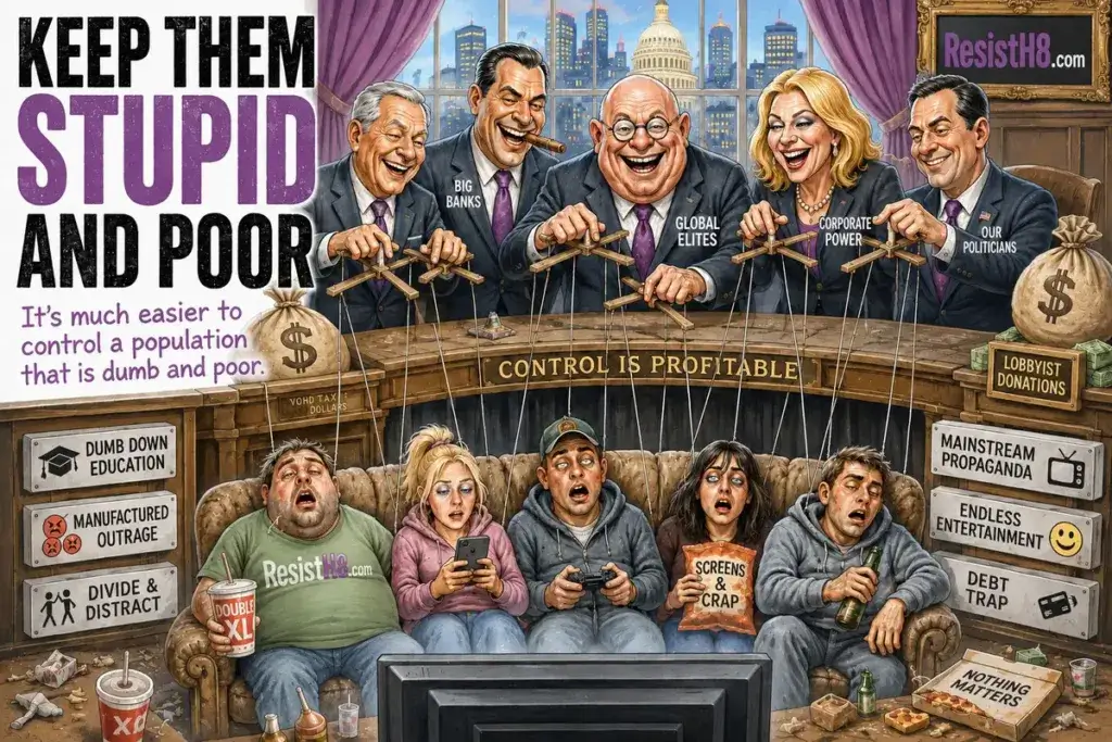 Scene where politicians hold the strings of american puppets on a couch in front of a television showing propaganda. The keep them stupid and poor agenda. Conservative radio hosts