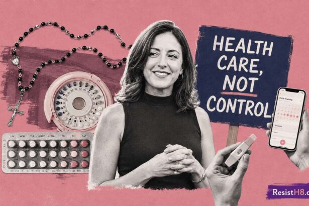 Graphic showing a woman surrounded by different forms of contraception. Originally affected by the comstock act