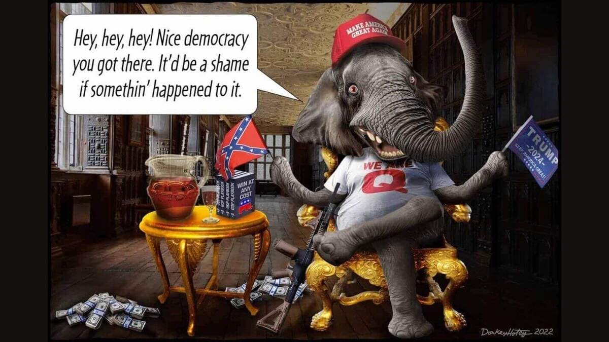 Political cartoon about republicans being a threat to democracy