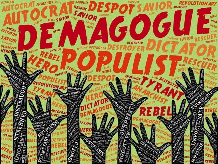 demagogue trump john hain Donald trump is a fascist. Sign showing hands raised to a yellow sky full of words like “tyranny” and “demagogue”
