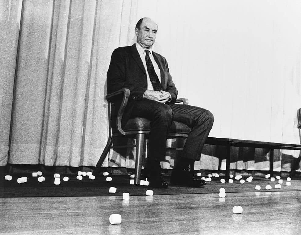storm thurmond marshmallows Cory booker’s senate speech beat strom thurmond. Strom thurmond sitting in a chair on stage surrounded by marshmallows students threw at him