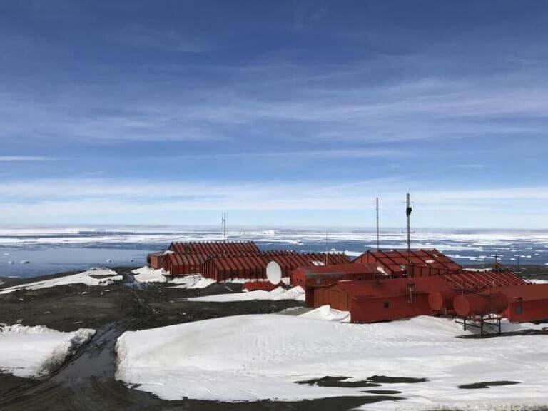 Penguin guano research lab in antarctica