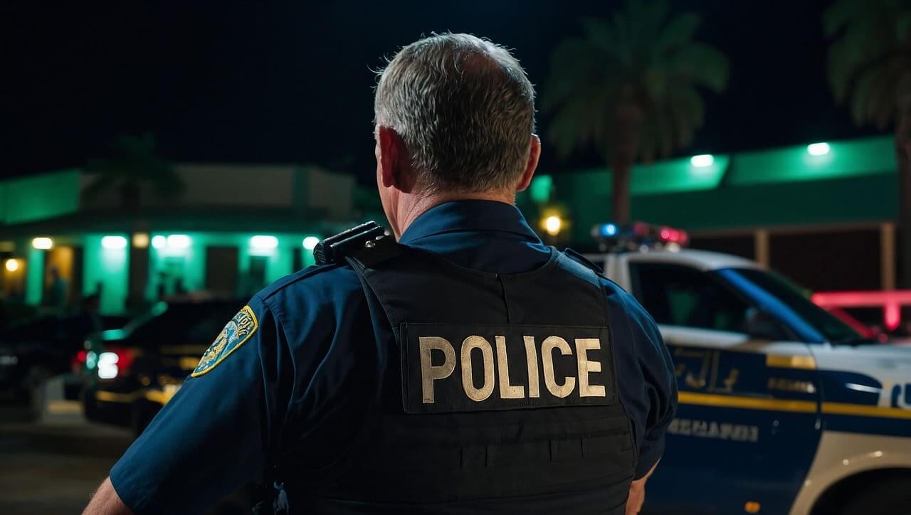 florida sheriff Florida sheriff. A police officer looks at a crime scene with police on the back of his uniform.