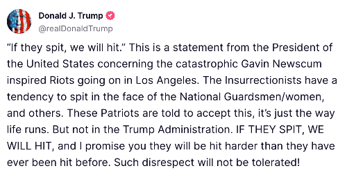 Screenshot of a social media post from donald trump on violence.
