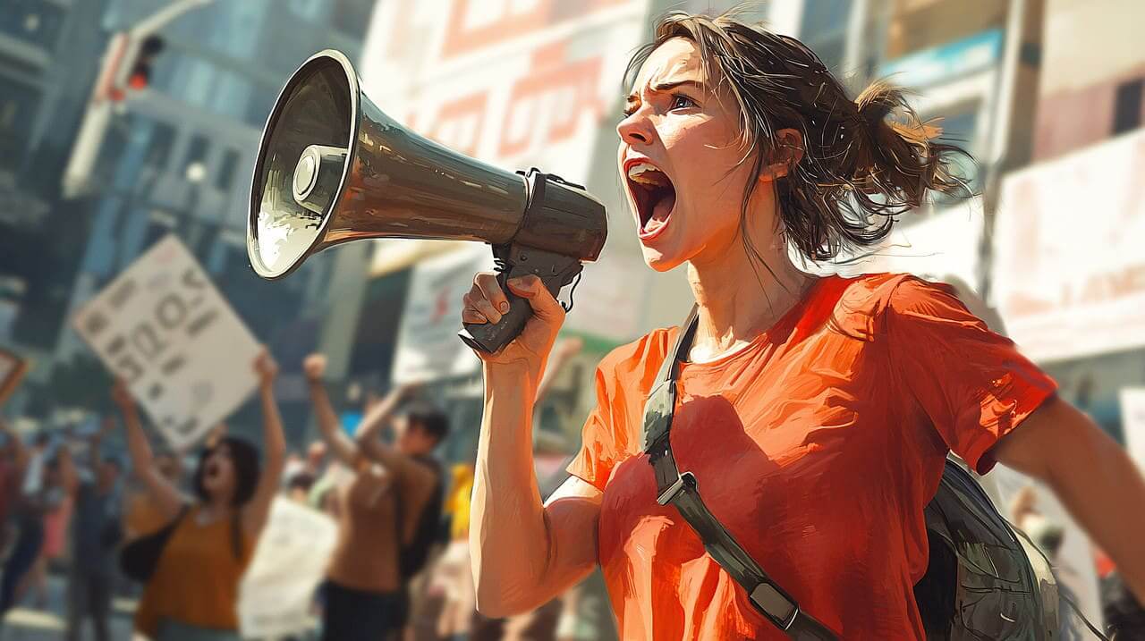 Ai-generated image of a protester with a bulhorn dhour7ng image