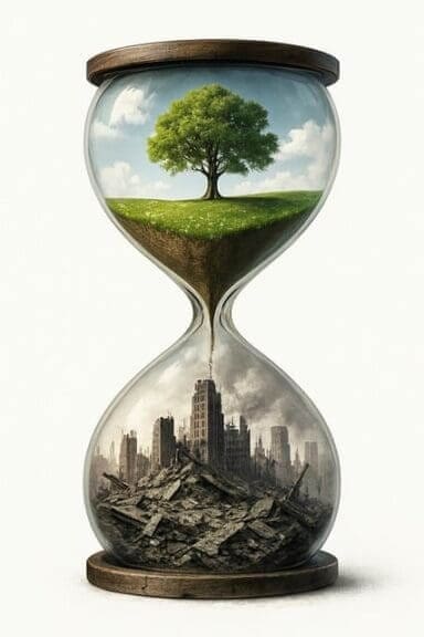 Climate change is a hoax hourglass with before climate change on top and a destroyed city on the bottom.