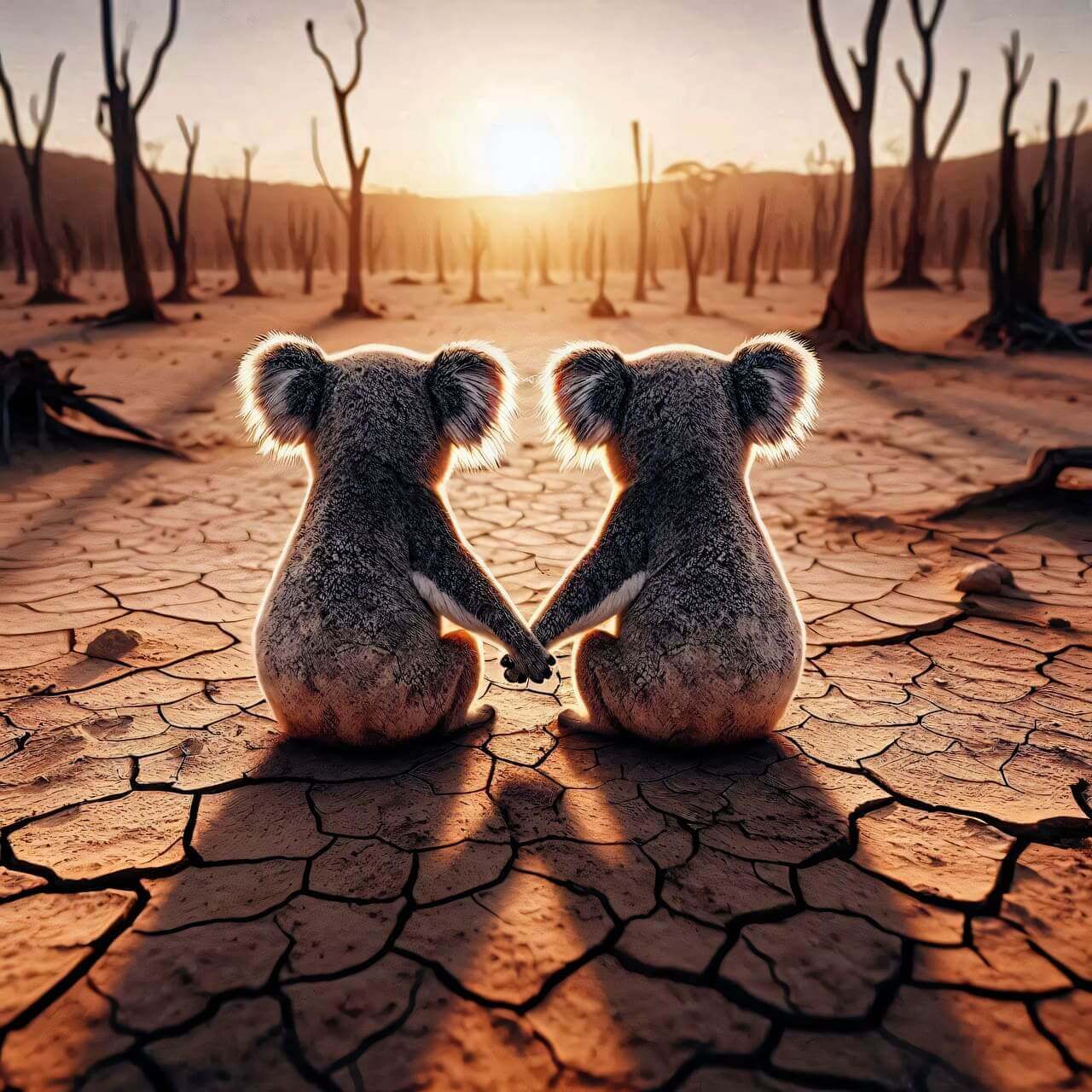 Two koala bears hold hands as they look at their habitat destroyed by climate change denialism and drought.