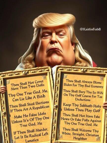 maga commandments Meme of king trump holding gold tablets with the maga commandments inscribed on them.