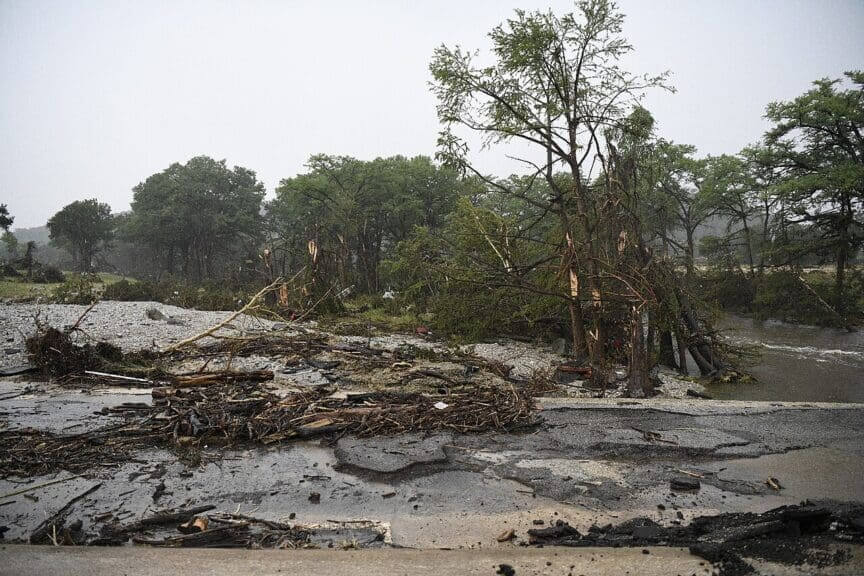Road damaged in catastrophic flooding in central texas on friday, july 4. Raining peaked at 15 inches in some regions.
