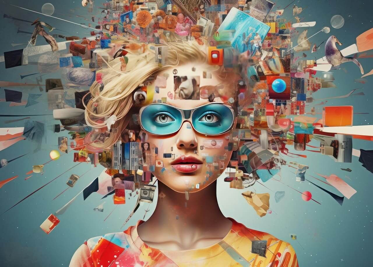 Ai-generated image of a woman surrounded by social media graphics
