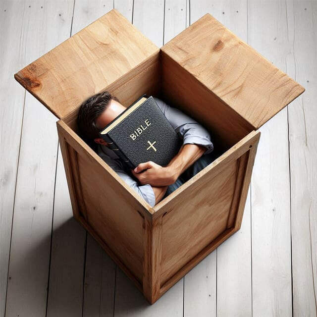 bible man Man hiding in a wooden box clutching a bible