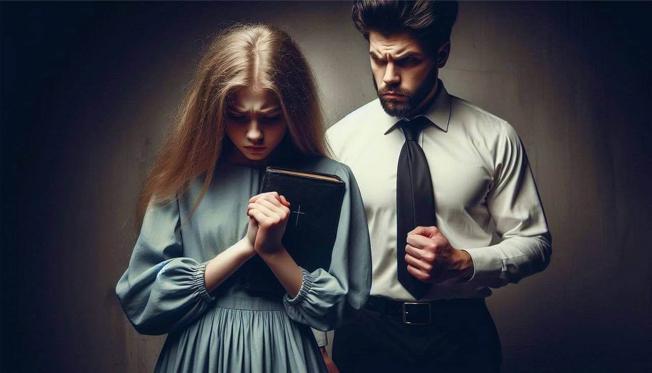 Ai-generated image of a pastor with an evil expression standing behind a scared girl, clutching her bible.