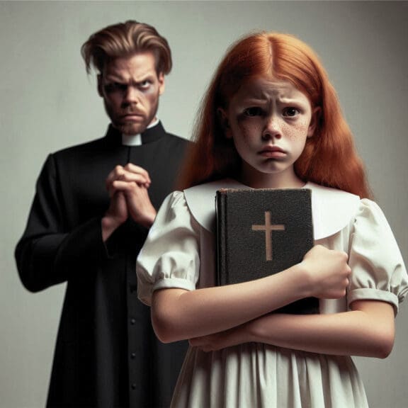 christian nationalism #metoo movement christian nationalism represented in an ai-generated image of a pastor with an evil expression standing behind a scared young girl, clutching her bible.