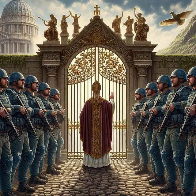 pope army The pope standing at a gate with soldiers lined on each side