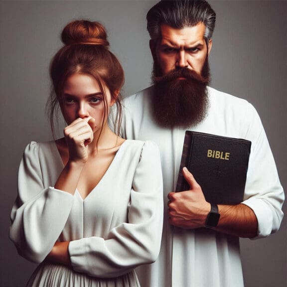 Another male religious extremist standing behind a scared girl.