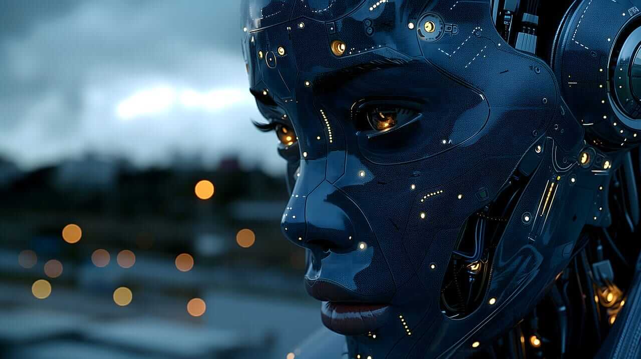 Data centers humanoid female robot made of black shiny metal