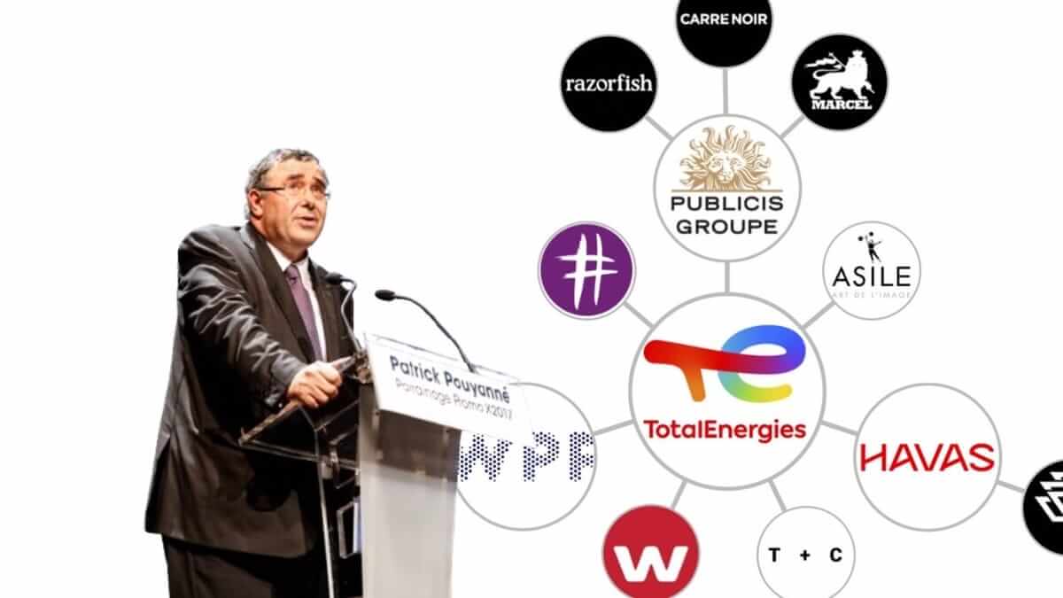 Illustration of ad companies and an oil exec at a podium